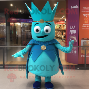 Turquoise Queen mascot costume character dressed with a Trousers and Hats