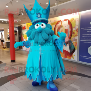 Turquoise Queen mascot costume character dressed with a Trousers and Hats