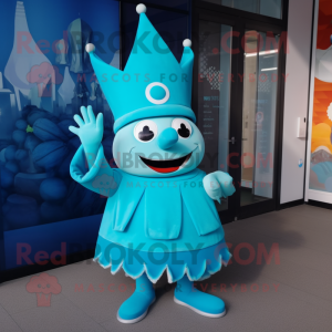 Turquoise Queen mascot costume character dressed with a Trousers and Hats