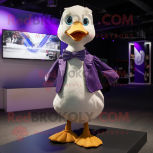 Purple Gosling mascot costume character dressed with a Shorts and Bow ties