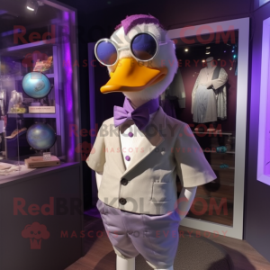 Purple Gosling mascot costume character dressed with a Shorts and Bow ties