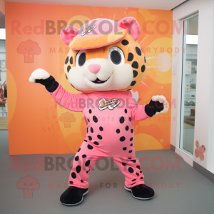 Peach Leopard mascot costume character dressed with a Jumpsuit and Beanies