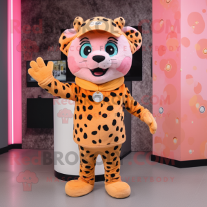 Peach Leopard mascot costume character dressed with a Jumpsuit and Beanies