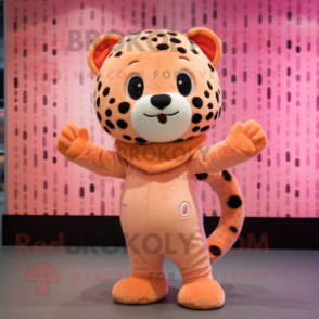 Peach Leopard mascot costume character dressed with a Jumpsuit and Beanies