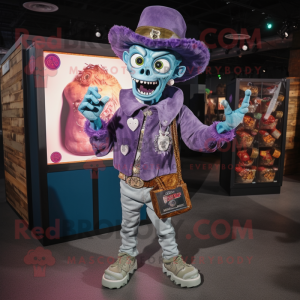 Purple Zombie mascot costume character dressed with a Denim Shirt and Coin purses