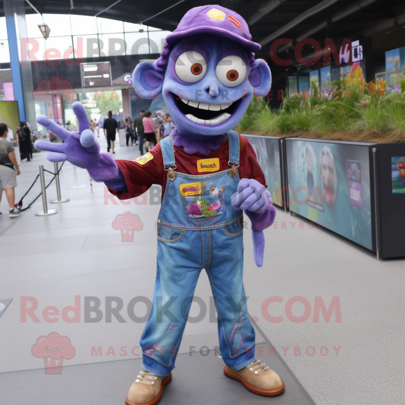 Purple Zombie mascot costume character dressed with a Denim Shirt and Coin purses Purple Zombie mascot costume character dressed with a Denim Shirt and Coin purses