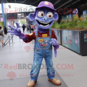 Purple Zombie mascot costume character dressed with a Denim Shirt and Coin purses