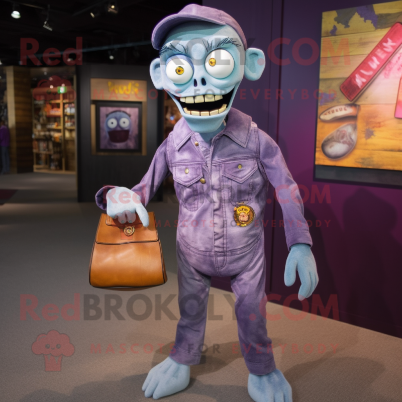 Purple Zombie mascot costume character dressed with a Denim Shirt and Coin purses