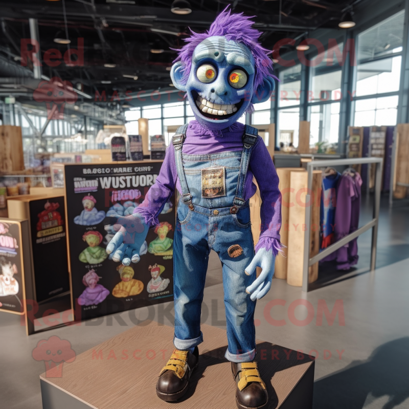 Purple Zombie mascot costume character dressed with a Denim Shirt and Coin purses