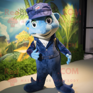 Navy Lizard mascot costume character dressed with a Boyfriend Jeans and Beanies