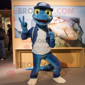 Navy Lizard mascot costume character dressed with a Boyfriend Jeans and Beanies