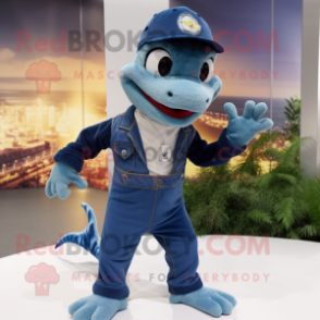 Navy Lizard mascot costume character dressed with a Boyfriend Jeans and Beanies