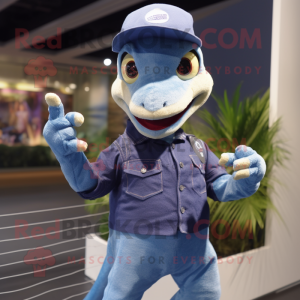Navy Lizard mascot costume character dressed with a Boyfriend Jeans and Beanies