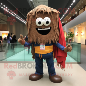 Brown Pad Thai mascot costume character dressed with a Jeans and Shawl pins