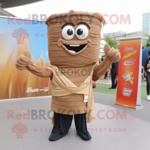 Brown Pad Thai mascot costume character dressed with a Jeans and Shawl pins