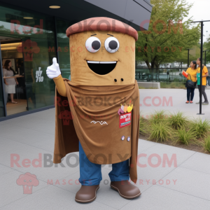 Brown Pad Thai mascot costume character dressed with a Jeans and Shawl pins