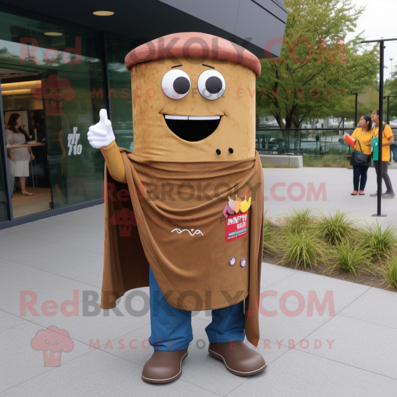 Brown Pad Thai mascot costume character dressed with a Jeans and Shawl pins Brown Pad Thai mascot costume character dressed with a Jeans and Shawl pins