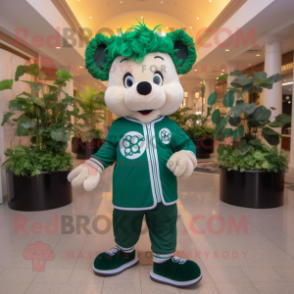 Forest Green Bunch Of Shamrocks mascot costume character dressed with a Windbreaker and Headbands