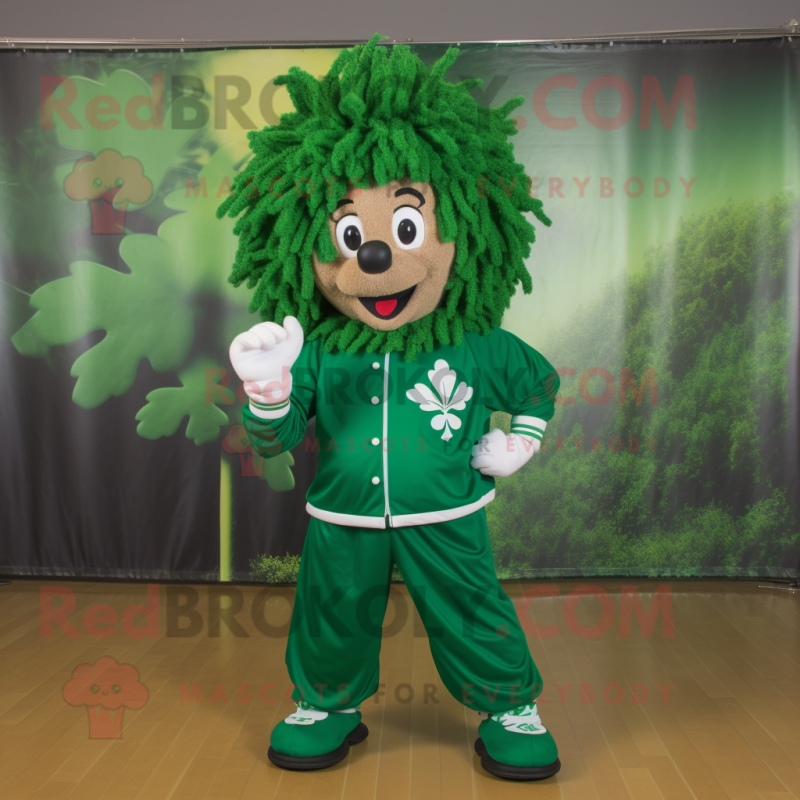 Forest Green Bunch Of Shamrocks mascot costume character dressed with a Windbreaker and Headbands Forest Green Bunch Of Shamrocks mascot costume character dressed with a Windbreaker and Headbands