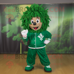Forest Green Bunch Of Shamrocks mascot costume character dressed with a Windbreaker and Headbands