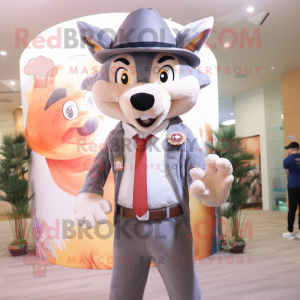 Peach Say Wolf mascot costume character dressed with a Blazer and Hats