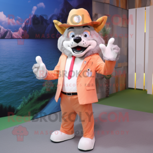 Peach Say Wolf mascot costume character dressed with a Blazer and Hats