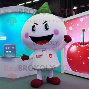Cream Cherry mascot costume character dressed with a Bodysuit and Smartwatches
