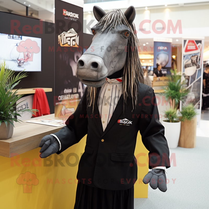 Black Quagga mascot costume character dressed with a Blazer and Hairpins Black Quagga mascot costume character dressed with a Blazer and Hairpins