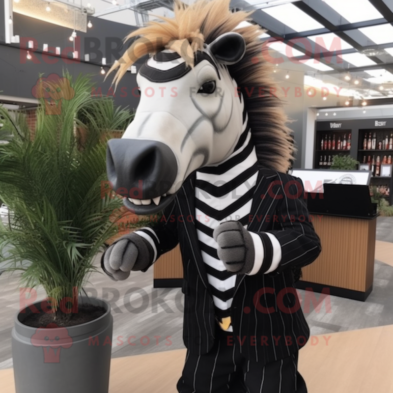Black Quagga mascot costume character dressed with a Blazer and Hairpins Black Quagga mascot costume character dressed with a Blazer and Hairpins