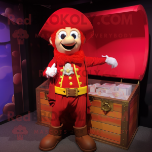 Red Treasure Chest mascot costume character dressed with a Waistcoat and Wraps