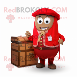 Red Treasure Chest mascot costume character dressed with a Waistcoat and Wraps