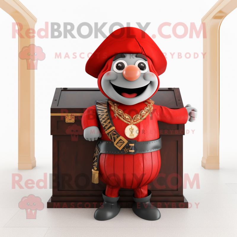 Red Treasure Chest mascot costume character dressed with a Waistcoat and Wraps