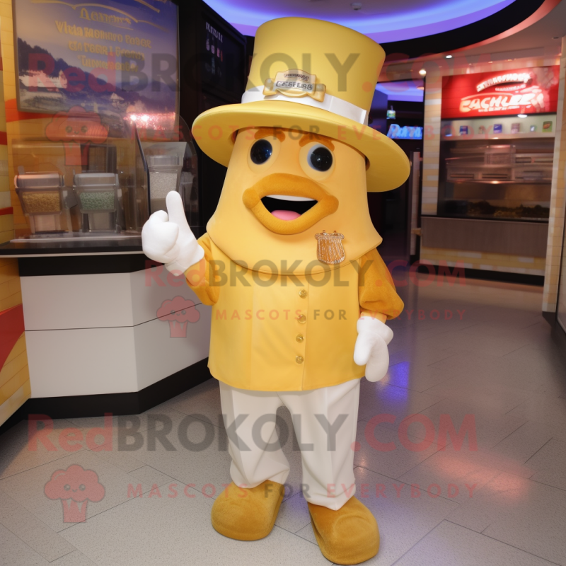Gold Ceviche mascot costume character dressed with a Polo Tee and Hat pins Mascot Costumes Redbrokoly Sizes L 175 180CM