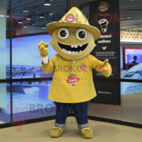 Gold Ceviche mascot costume character dressed with a Polo Tee and Hat pins