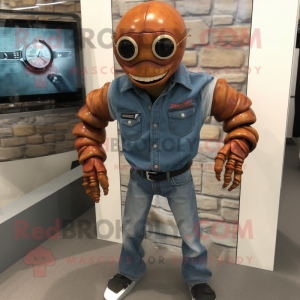 Rust Trilobite mascot costume character dressed with a Bootcut Jeans and Bracelet watches
