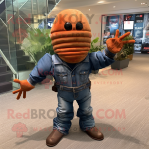 Rust Trilobite mascot costume character dressed with a Bootcut Jeans and Bracelet watches