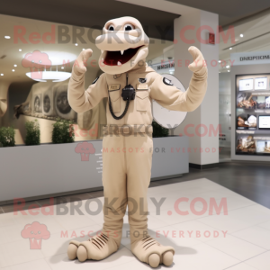 Beige Hydra mascot costume character dressed with a Overalls and Bracelet watches