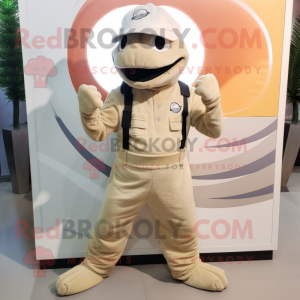 Beige Hydra mascot costume character dressed with a Overalls and Bracelet watches