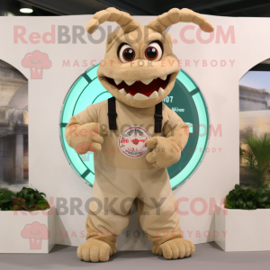 Beige Hydra mascot costume character dressed with a Overalls and Bracelet watches