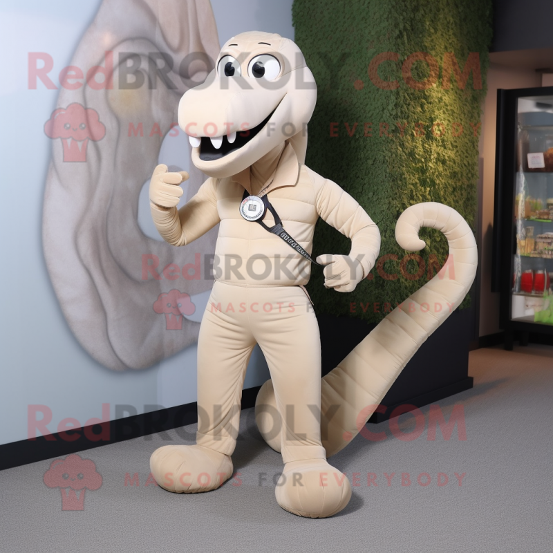 Beige Hydra mascot costume character dressed with a Overalls and Bracelet watches