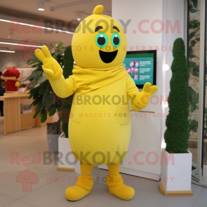 Yellow Apple mascot costume character dressed with a Turtleneck and Mittens