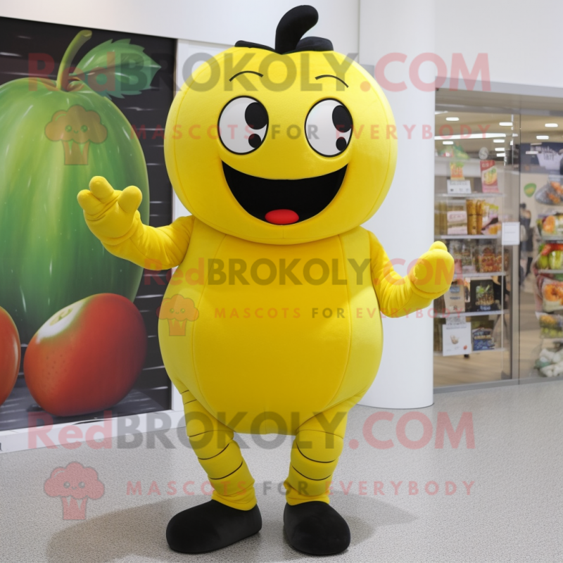 Yellow Apple mascot costume character dressed with a Turtleneck and Mittens