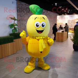 Yellow Apple mascot costume character dressed with a Turtleneck and Mittens