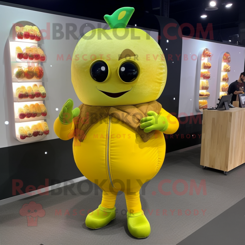 Yellow Apple mascot costume character dressed with a Turtleneck and Mittens