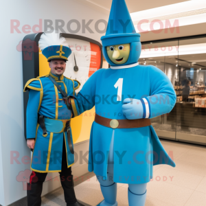 Cyan Swiss Guard mascot costume character dressed with a Parka and Watches