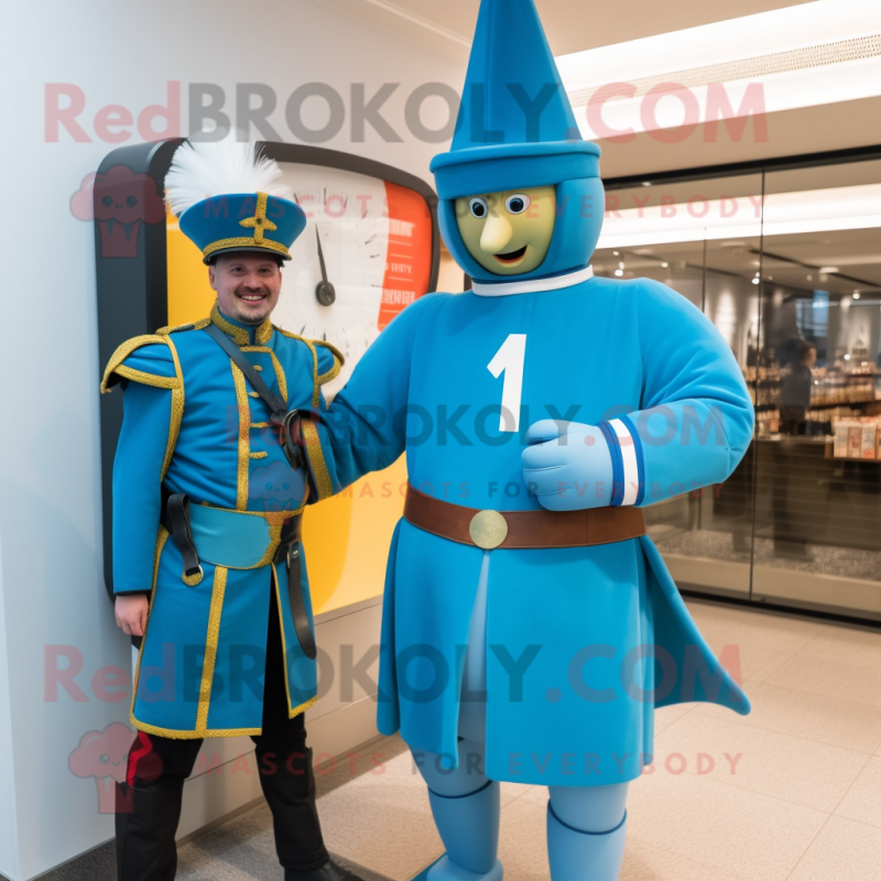 Cyan Swiss Guard mascot costume character dressed with a Parka and Watches