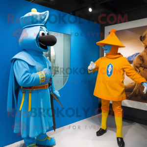 Cyan Swiss Guard mascot costume character dressed with a Parka and Watches