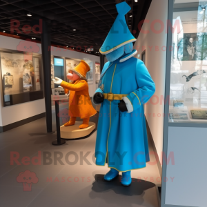 Cyan Swiss Guard mascot costume character dressed with a Parka and Watches