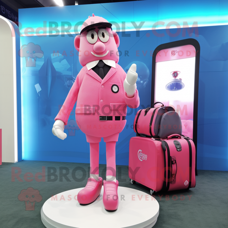 Pink Golf Bag mascot costume character dressed with a Suit and Smartwatches