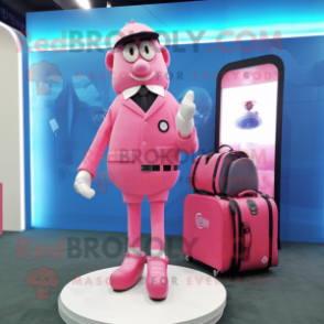 Pink Golf Bag mascot costume character dressed with a Suit and Smartwatches